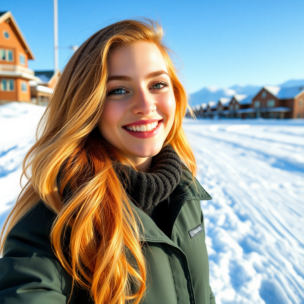 beautiful young woman with lush ginger cherry blonde long hair, full lips, on Alaska Anchorage happy in sunny snow