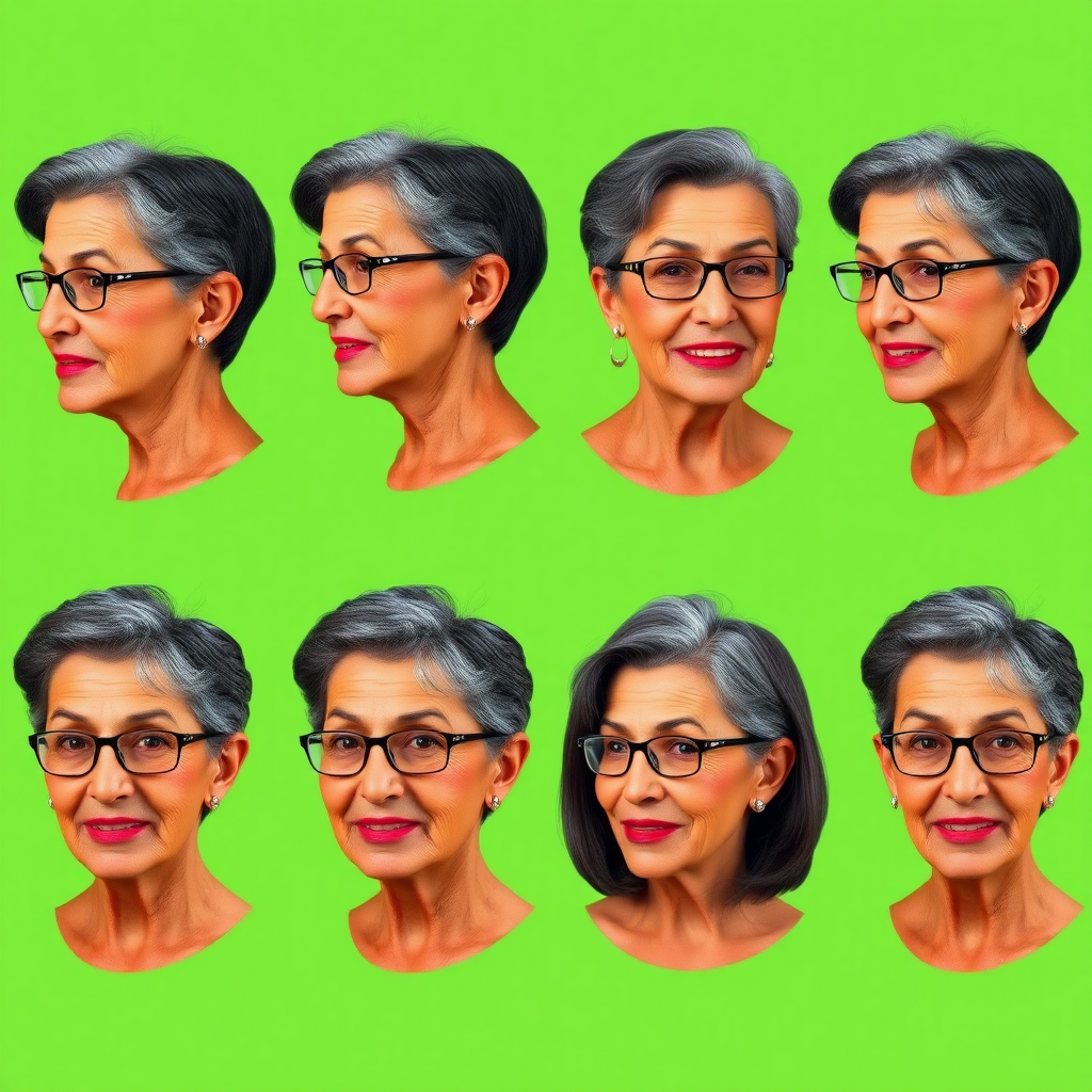 Photorealistic image of six headshots of a 55 Years old, European, Latina, sharp aquiline nose, wrinkles, high cheekbones, Middle Eastern, Skinny, Tanned skin, Dark light skin, full Makeup, jewelry, Serious face, Sharp nose, frowning, smiling, dark grey Ash hair, short bowl haircut, Brown eye color, Glasses, with detailed features. Each photo displays the same face in profile and front view, cut out and isolated on a green background. All six heads are visible side by side, empty space around each view, no overlapping.