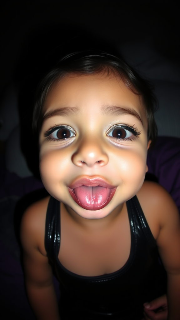 four-year-old-latina-female-child that has extremely big lips. She is wearing intense-glitter-eyeshadow, thick-winged-eyeliner with very-dramatic-eyeliner-wings, and dark-burgundy-glossy-lipstick. She is wearing a tight-glossy-latex-sleeveless-crop. Her lips are very puffy. She is happy. Fish-eye-lens, laying in a dark motel room, amateur flash photography.