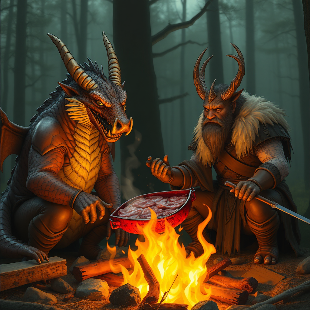 The Dragon and the warrior roast wild boar meat together at the campfire.