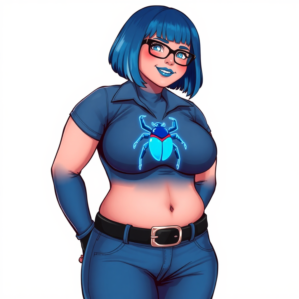 A 28-year-old, full-figured, middle gray metallic-skinned computer program-human hybrid with a maximum blue bob cut. She has a non-athletic build, highlighted by a prominent, round, large midsection. As a digital sidekick, computer hacker, and nerdy girlfriend to her cyberpunk vigilante boyfriend, her middle gray metallic skin and maximum blue lipstick emphasize her digital nature. She wears a maximum blue leather shirt (that accentuates her figure) with a neon blue beetle chest icon, a black belt with a sapphire scarab buckle, maximum blue pants, and black gloves. Her bright blue eyes, black eyeglasses, and lovestruck smile with neon red blush accentuate her nerdiness. She stands bashfully with her hands behind her back, her bodysuit covering all her skin. Her physique is emphasized. She is on a solid white background. She is drawn as if she was in a retro 2D cyberpunk fighting game.