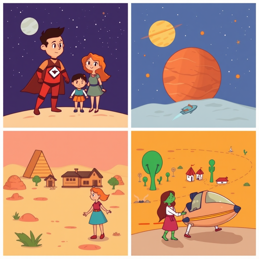 Create a series of 4 illustrations. There should be vibrant colors and simple lines. It should be suitable for children. The scenes should be like this:

1. There is a super hero family - father, mother and daughter - that discuss where to go for holiday and suddenly father says “let’s go to the space”.

2. The family lands on Mars and sees a big cute interesting animal that has horns and wings.

3. There is a town on Mars where this animal, Martians, and some human scientists live together.

4. They get back to their ship, say farewell to the Martian people, and return back to Earth.