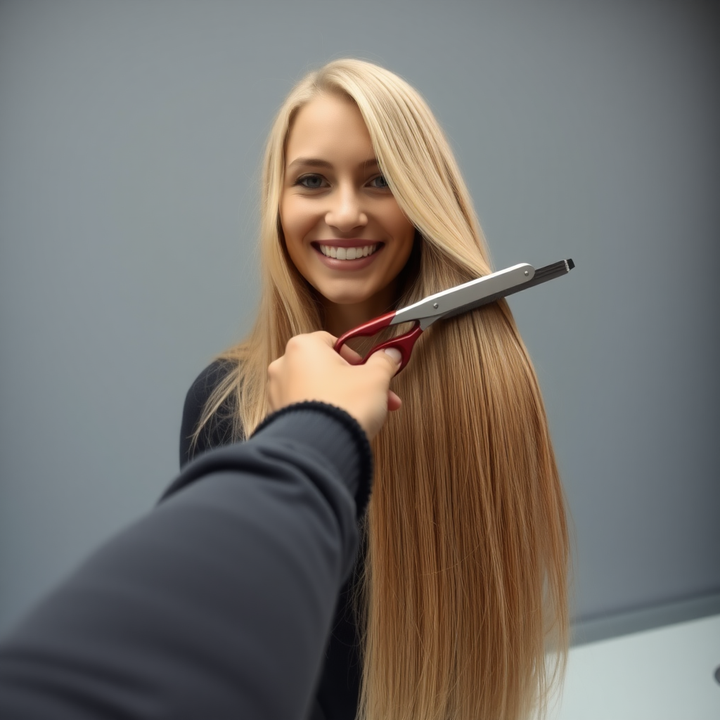 POV, beautiful very long haired blonde woman sitting in a hair salon smiling at the camera while I reach out from behind the camera to trim her very long hair. Plain gray background.