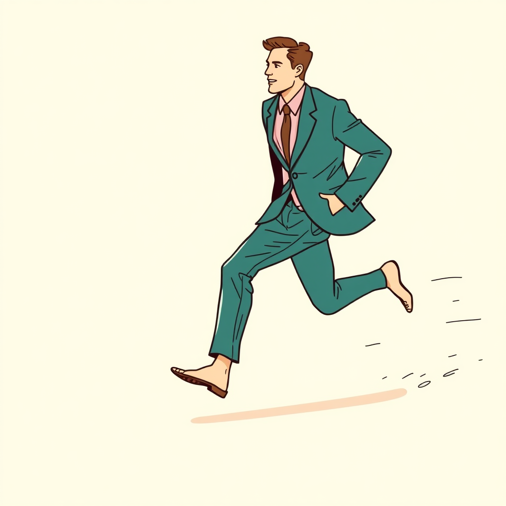 A simple line art illustration of a man that is running from left to right, dressed in a teal wool suit but he is barefoot. Milky background with a few wind waves in pastel colors in the background.