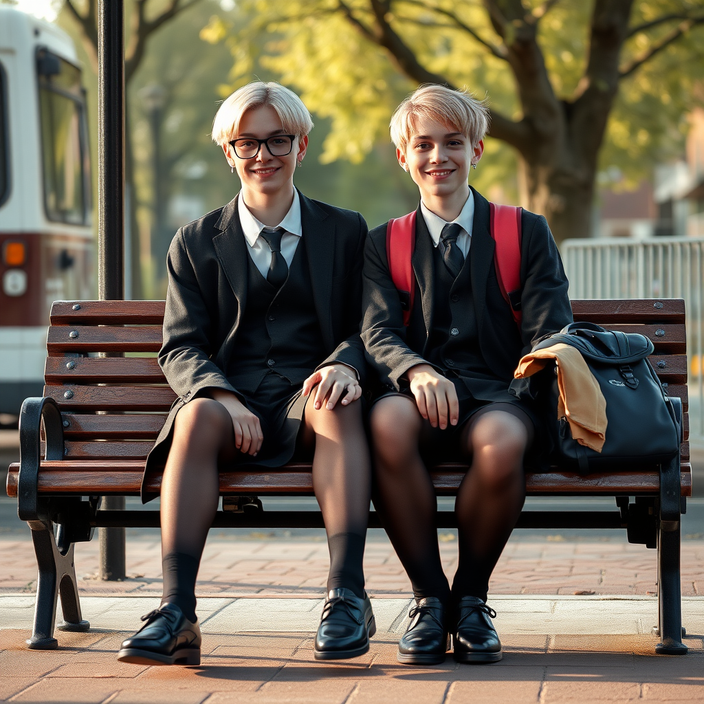 photorealistic, ultra high resolution, 16K, surreal fantasy, soft studio lighting, a pretty 18 year old goth male, slim male physique, short blonde hair, black glasses, goth makeup, earrings, shiny black pantyhose, UK girls-school uniform, Mary-Jane shoes, sitting on his boyfriends lap on a bench waiting for the school bus, in daylight, excited smile, facing the camera.