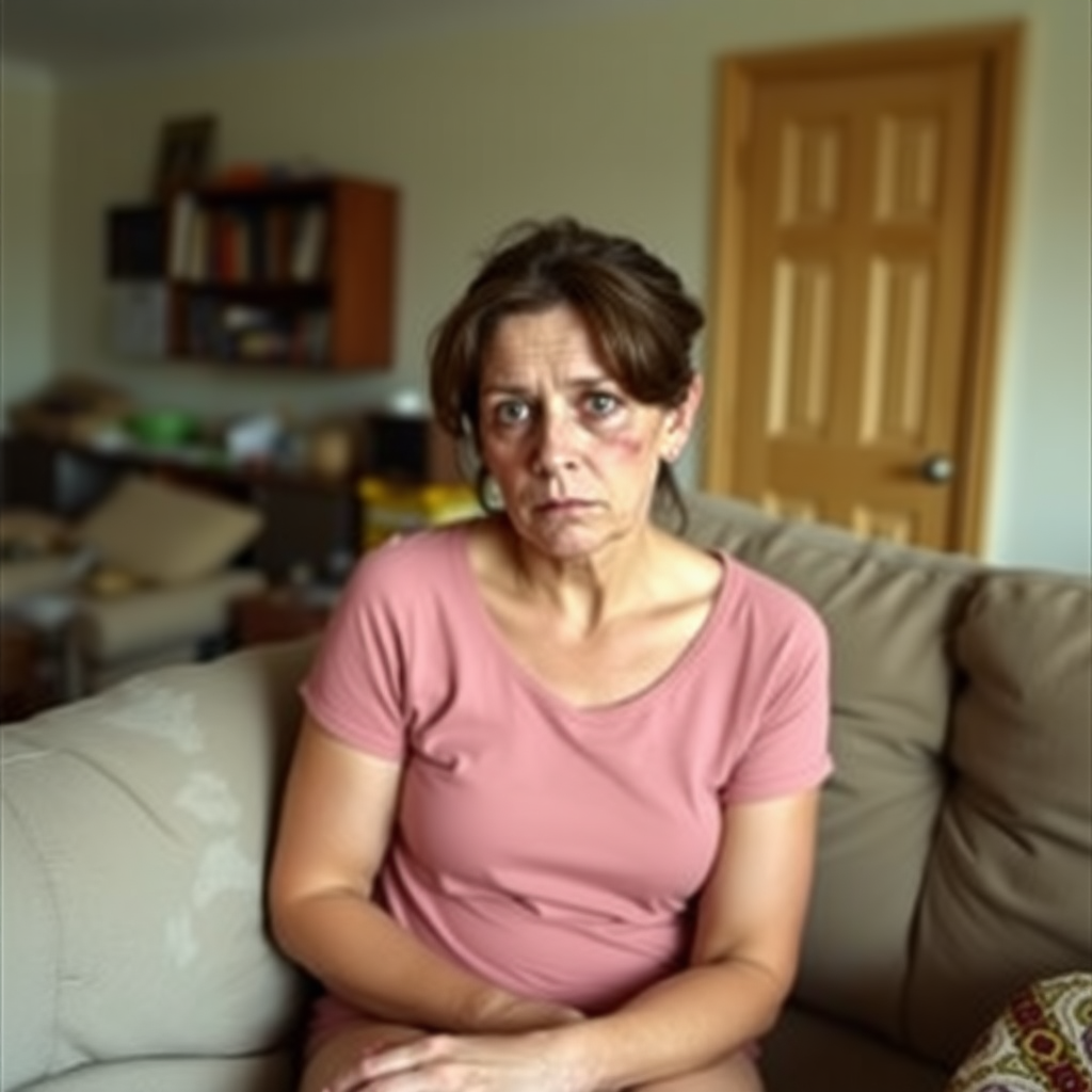 A photograph of a woman sitting on a sofa, in an untidy living room. She is looking sad. She has a bruise on her cheek and eye.