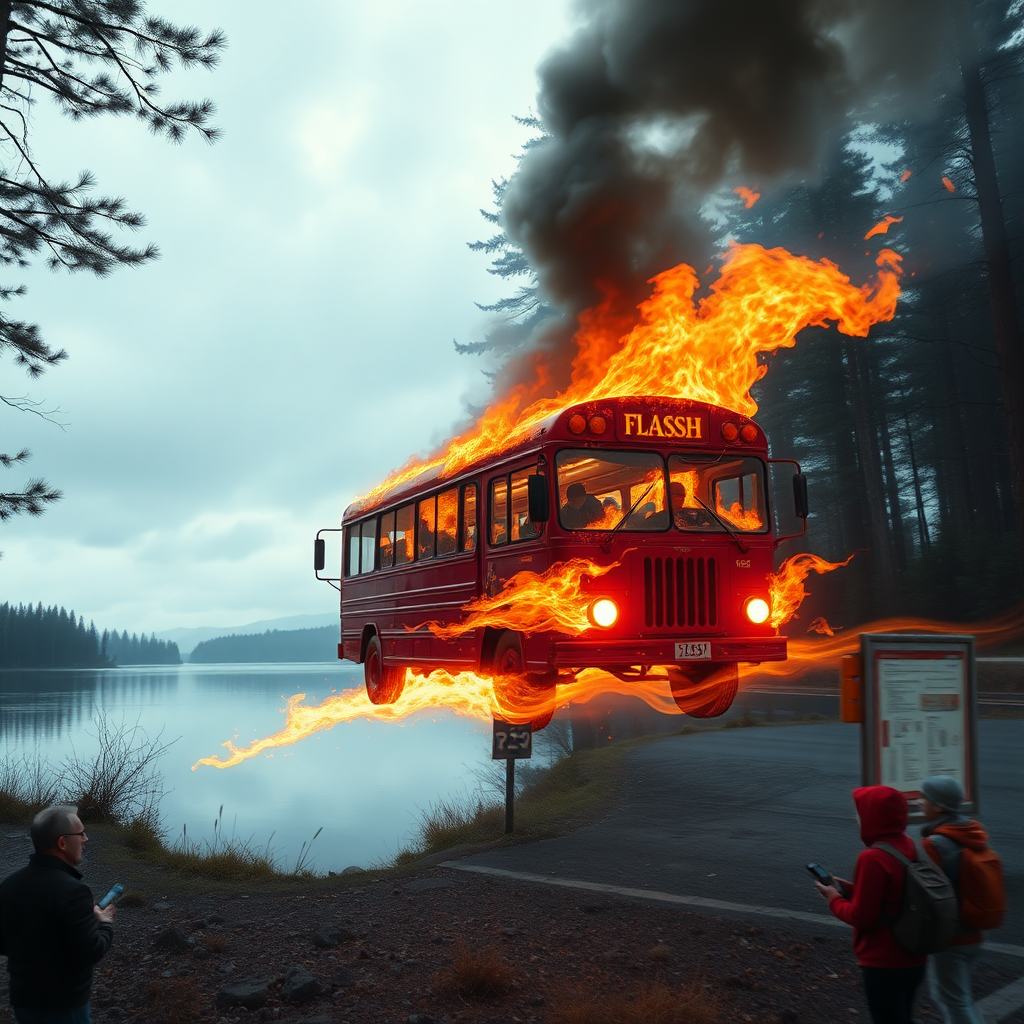 burning minibus with caption "FLASH" speeding through a forest to a lake leaving a burning trace, radio waves controlling him in the air, people waiting at the bus stop