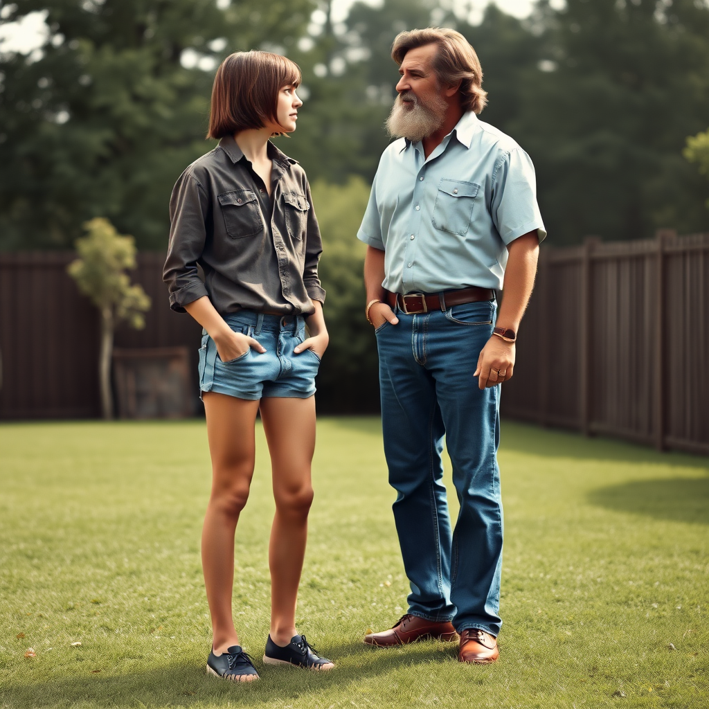 tall 14yo teen boy, long hair bob cut, wearing shirt and very tight booty shorts, long legs, narrow thighs, full-length front view. with bearded father wearing shirt, long jeans, shoes. looking at each other. 1970s. At backyard. photorealistic, ultra high resolution, 16K, Negative: grainy, blurry, bad anatomy, extra limbs, watermark.