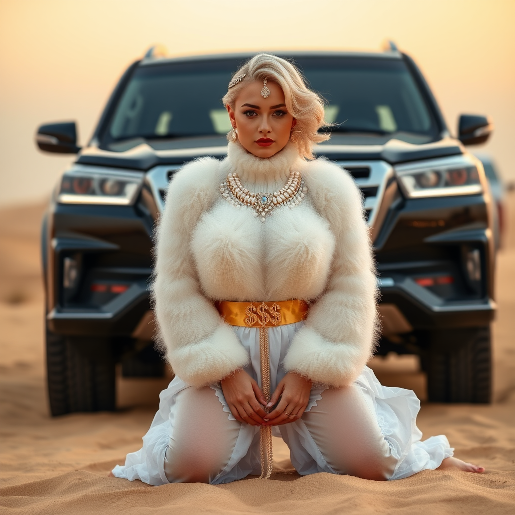 Kuwait desert dunes misty dawn, full size luxury SUV: Melissa, European 17 years old very convincing femboy “trophy-bimbo”, tamed servile docile, very beautiful feminine flawless face, rather short, by hormones very curvaceous womanly figured, platinum blond short tight curls, bold red lips, heavily made-up face, wearing Supertanya-style fluffy very fuzzy bright white angora turtleneck-poncho cropped ending under bust decorated with pearls and gemstones, striking oriental wide gold bridal protection belt, white fully transparent harem pants, full Oriental bridal jewelry with striking headpiece, full Oriental face-jewelry, striking diamond “$$$” letter brooch on left chest, pout frustrated, hands tied behind back, kneeling in sand in front of SUV, looking at camera. Focus on face and turtleneck-poncho.