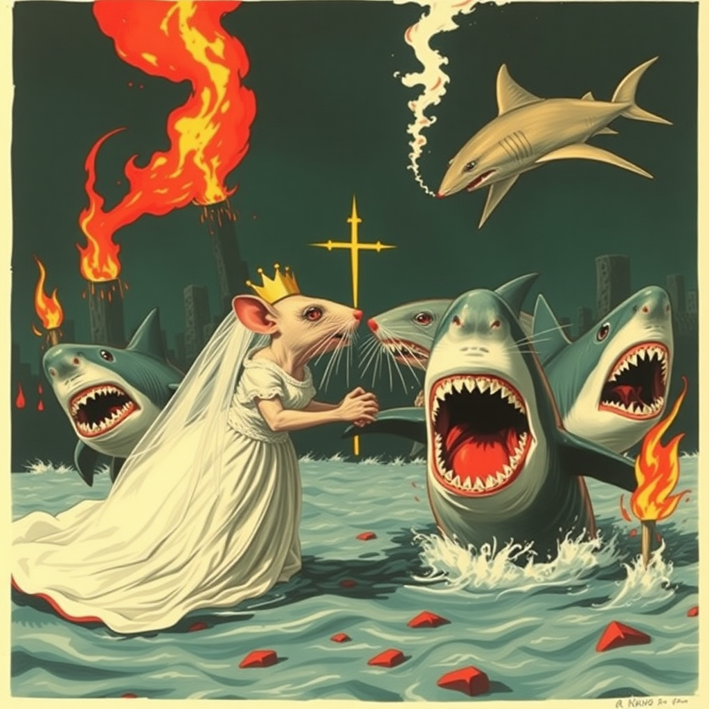 A rat wedding being attacked by sharks, Catholic, Soviet propaganda poster, no text, Lovecraftian, in hell