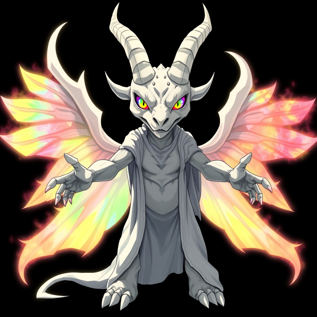 (Anime-styled art), image set against a black background features a tall, white wrathful angry reptilian humanoid resembling a goat, adorned with two elegant white horns. Its mesmerizing rainbow eyes shine with intensity, while it wears flowing white robes. A vibrant, chaotic aura radiates around its entire form, and it stands with outstretched hands, showcasing three magnificent rainbow-hued angelic wings that embody a sense of chaos and beauty, looking at viewer