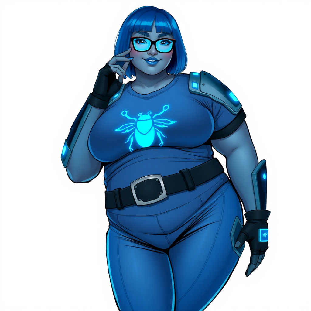 A 28-year-old, full-figured, middle gray skinned computer program hybrid with a maximum blue bob cut. She has a non-athletic build, highlighted by a prominent, round, large midsection (with heavy emphasis on her large belly). As the full-figured digital sidekick to her cyberpunk vigilante boyfriend, her middle gray metallic skin and maximum blue lipstick emphasize her digital nature. She wears a digital, computerized costume inspired by DC’s Carrie Kelly Robin, consisting of a huge, tight-fitting, maximum blue t-shirt with a neon blue glowing chest icon of a beetle, hi-tech shoulder pads with neon blue accents, a black hi-tech belt with a digital neon blue glowing buckle, digital maximum blue pants with neon blue accents, and black hi-tech fingerless biker gloves with neon blue glowing accents. Her neon blue glowing eyes, black eyeglasses with a neon blue glowing HUD built into the lenses, and shy smile with neon red blush accentuate her nerdiness. She stands bashfully with one hand behind her back and the other hand gently touching her cheek, her costume covering all her skin and emphasizing her full-figured physique (especially her belly). She is clearly non-athletic, with a heavy focus on her large belly. Despite her build, she radiates beauty. She has a slim face compared to her physique, accentuating her radiant beauty. She is on a solid white background. She is drawn as if she were in a retro 2D cyberpunk fighting game.