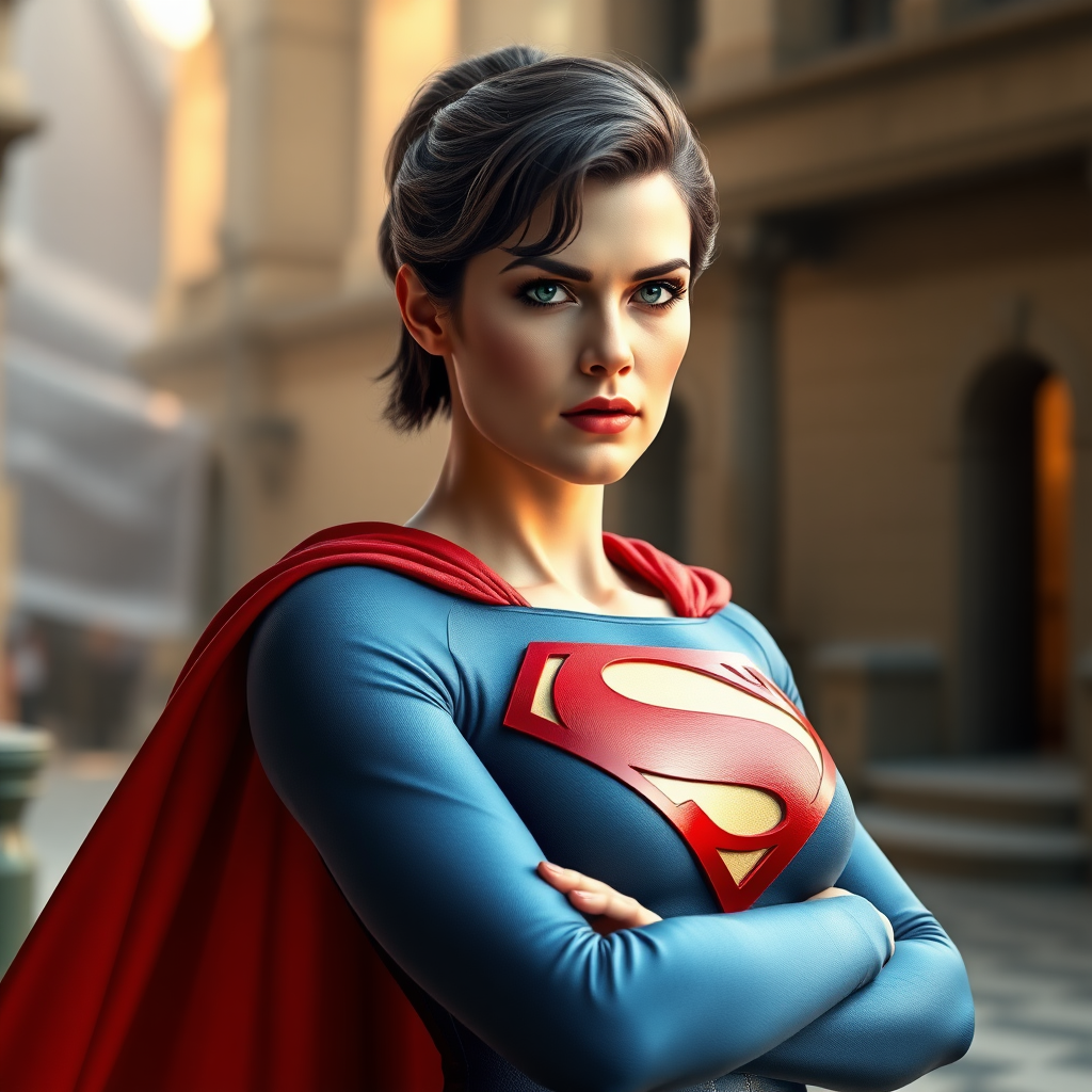 Create a full-length photo-realistic render of Superman, possessing the female figure of Marie Rose. Maintain Superman's head, hairstyle, and facial features. Retain Superman's costume, altering it to fit the new figure. Set the background in a hybrid setting inspired by both characters' worlds.