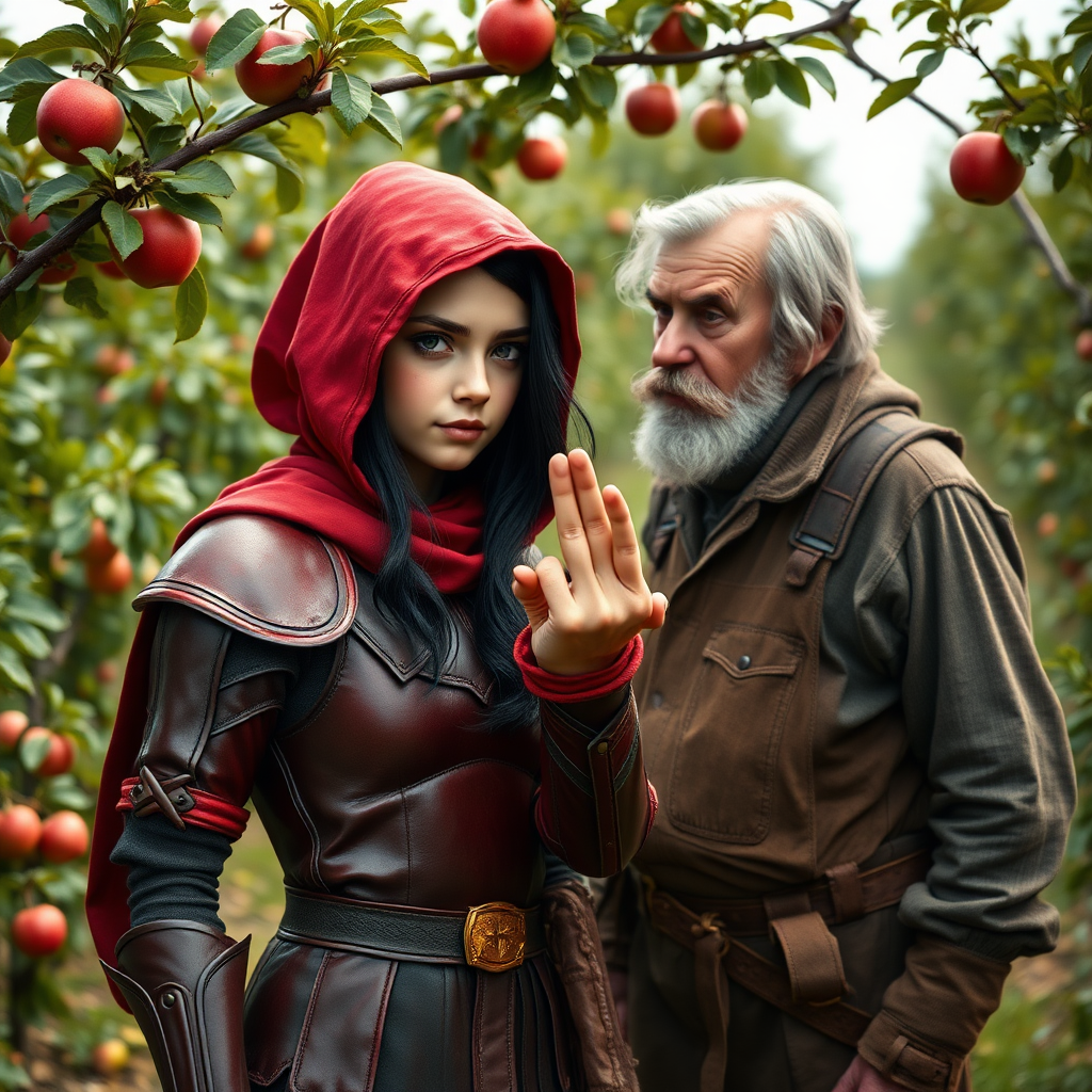 A photo realistic girl with black hair and brown eyes in red leather armor and a red hood holding up a gold finger ring to an old man in dirty work clothes while standing in an apple tree orchard.