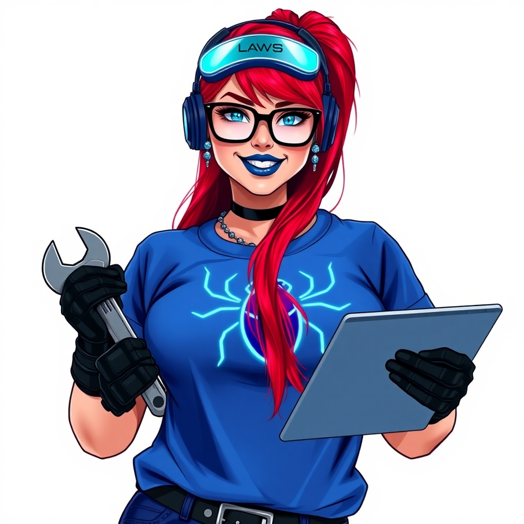 An intelligent and tech-savvy 29-year-old computer hacker and tech genius. She has a long ruby red ponytail. She wears maximum blue lipstick, blue eyes, a sapphire beetle gemstone necklace, sapphire earrings, black eyeglasses, hi-tech power gloves, and an oversized maximum blue t-shirt featuring a neon blue glowing beetle chest icon. She has a gargantuan full-figured physique with a prominent round gargantuan midsection, reflecting her well-cared-for lifestyle. She sports a sapphire headset with a hi-tech maximum turquoise lensed HUD, and a beaming smile accentuated by a passionate neon red blush. She serves as his tech expert from his hideout, holding a futuristic tool wrench and a futuristic digital tablet. The background is solid white. She is drawn as if she was in a retro 2D cyberpunk fighting game.