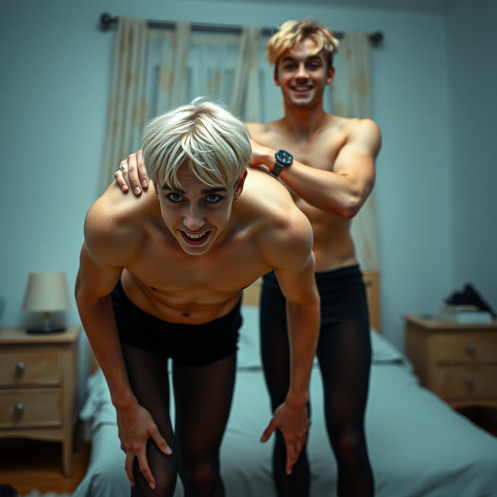 photorealistic, ultra high resolution, 16K, surreal fantasy, studio lighting, a pretty 16 year old blonde goth male and 15 year old boyfriend in the bedroom, slim male physiques, short blonde hair, goth makeup, earrings, pantyhose, white ballet shoes, the blonde boy is bending forward, while his boyfriend stands up behind him and rests his hands on the goth boy's shoulders, excited smile, facing the camera.