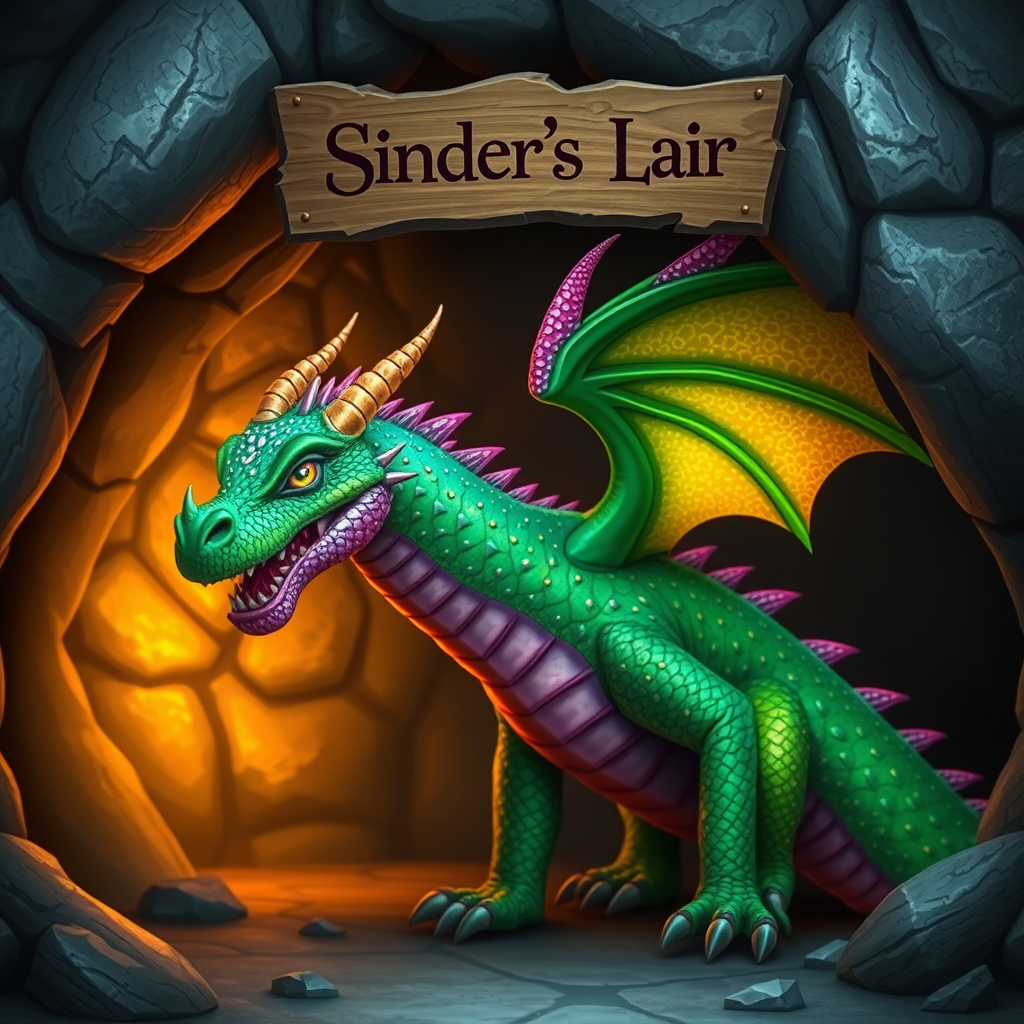 A photo realistic green dragon with rainbow sparkly spots and purple skin in a dragon cave with a sign above it that says "Sinder's Lair"