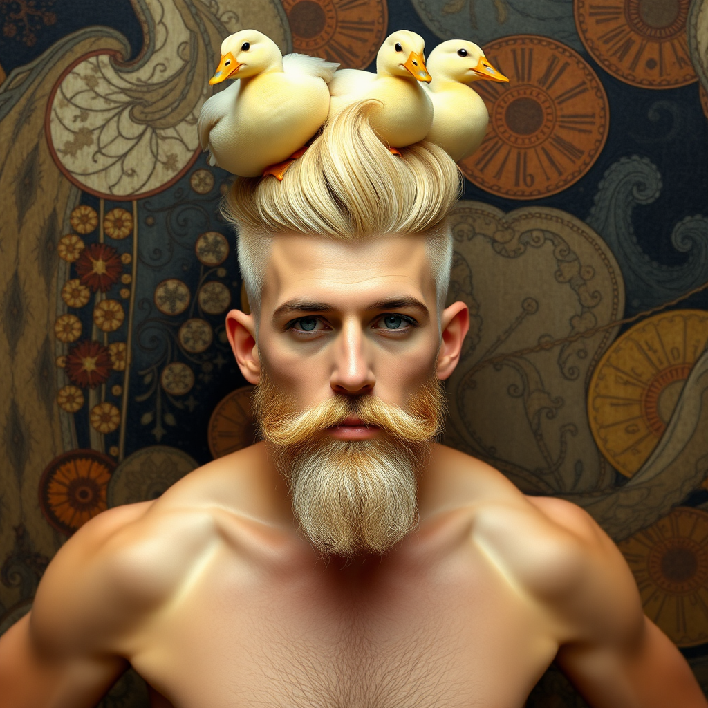 The background is a painting by Gustav Klimt. A 4K hyper-realistic photograph in the style of Kandinsky, blending surrealism with kitsch. The subject is a man with an extravagant, Italian blond haircut, styled in a flamboyant bun, paired with a sexy, Masculine look. He sports a neatly groomed, three-day beard — short, evenly distributed, with a light shadow effect across the chin, jawline, and cheeks. His makeup is dramatic, like a drag queen, adding to the boldness of his appearance. He has a muscular, athletic build. He’s naked, standing confidently with his hands on his hips. Above him, smaller ducks rest playfully on his head.