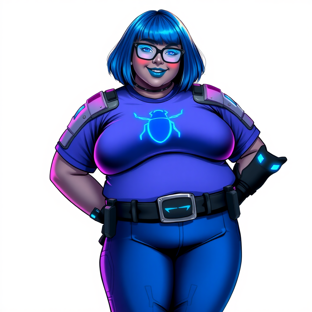 A 28-year-old, full-figured, middle gray (N5) skinned computer program hybrid with a maximum blue bob cut. She has a full-figured, non-athletic build, highlighted by a prominent, round, large midsection (with full emphasis on her large belly), which shows the effects of her new love of junk food acquired from her boyfriend. As the full-figured, nerdy, digital sidekick to her cyberpunk vigilante boyfriend, her metallic middle gray (N5) skin and maximum blue lipstick emphasize her digital nature. She wears a digital, computerized costume, consisting of a huge, tight-fitting, maximum blue t-shirt with a neon blue glowing chest icon of a beetle, hi-tech shoulder pads with neon blue accents, a black hi-tech belt with a maximum blue beetle digital buckle, digital maximum blue biker pants with neon blue accents, and black hi-tech biker gloves with neon blue glowing accents. Her neon blue glowing eyes, black eyeglasses with neon blue lenses equipped with a built-in HUD, and bashful smile with neon red blush accentuate her nerdiness. She stands bashfully with one hand behind her back and the other hand gently touching her cheek, her costume covering all her skin (including her large midsection) and heavily emphasizing her full-figured physique (especially her large belly). She is clearly non-athletic, with a full focus on her full-figured physique. Despite her full-figured build, she radiates beauty. She has a slim face compared to her physique, accentuating her radiant beauty. She is on a solid white background. She is drawn as if she were in a retro 2D cyberpunk fighting game. Ensure she has a metallic middle gray (N5) skin coloration.