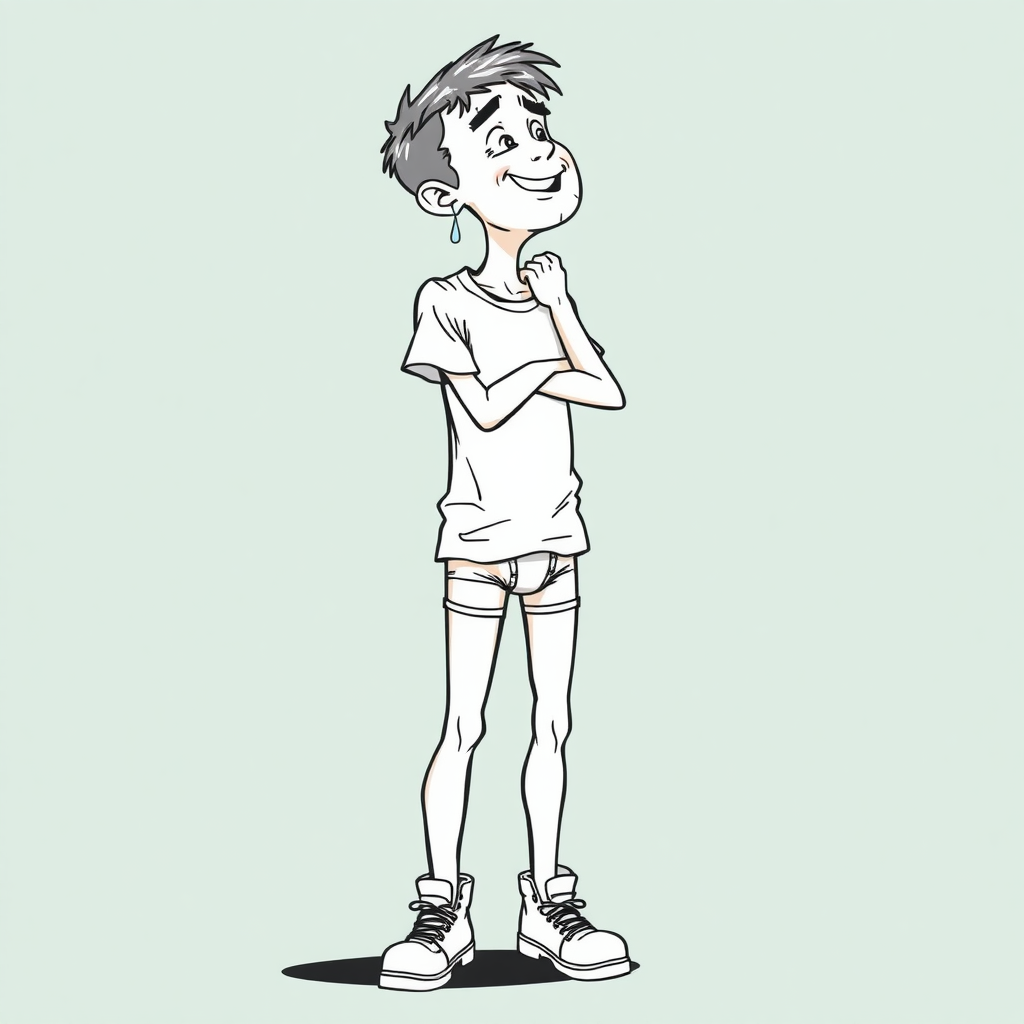 nervous small 15 year old european skinny man, short white t-shirt, standing, stunned, mesmerized, joyful, heavy drooling, underwears, side view, safety shoes, detailed feet, 2D, caricature, cartoon, Sketch lines, coloring book, coloring book,