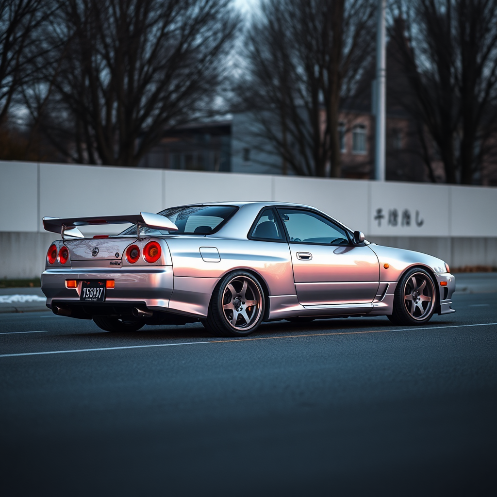 metallic shine nissan skyline r34 the car is parked on the side of the road, inspired by Taiyō Matsumoto, tumblr, restomod, nd4, c4 cold colors