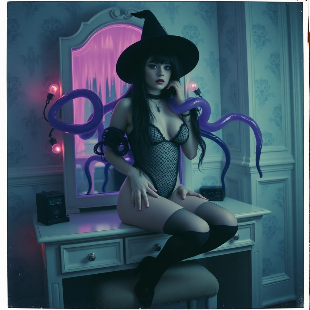 Scan of an nsfw old polaroid photograph with visible wear and heavy vignetting and blue color tint and light leaks, depicting a sexy pale curvy alt goth girl with black hair wearing skimpy fishnet black bodysuit and gstring revealing her nipples and wearing black stockings and high heels, sitting on a builtin vanity with mirror in old house with wallpaper on walls with her knees spread apart. Camera flash used. Dark lighting. Moody and hazy. Grunge look. Erotic. Nude. Pink Christmas Lights on wall. She is wearing a witch hat and is being restrained by giant glowing translucent slimy jello like purple vines dripping goo coming from inside glowing purple portal in the mirror, wrapping tightly around her arms and legs and torso. The vines are pulling her back towards the mirror.