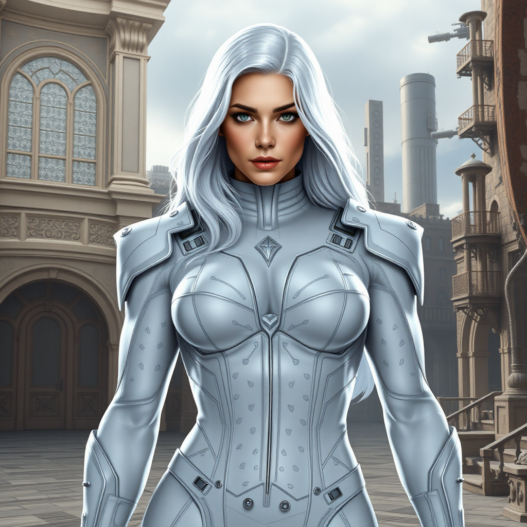 "Generate a photorealistic image of Emma Frost, her head intact—including long platinum hair and distinctive facial features. Replace her body with Marcus Fenix's muscular, battle-scarred male physique, emphasizing broad shoulders, defined arms, and rugged torso. Retain Emma's signature white costume, altered to accommodate the new masculine frame, such as larger shoulder pads and a tailored torso piece. Design the background blending elements from both characters: the opulent, grandeur of Emma's mansion and the gritty, war-torn landscapes of Marcus's world, complete with dilapidated buildings and COG tags."