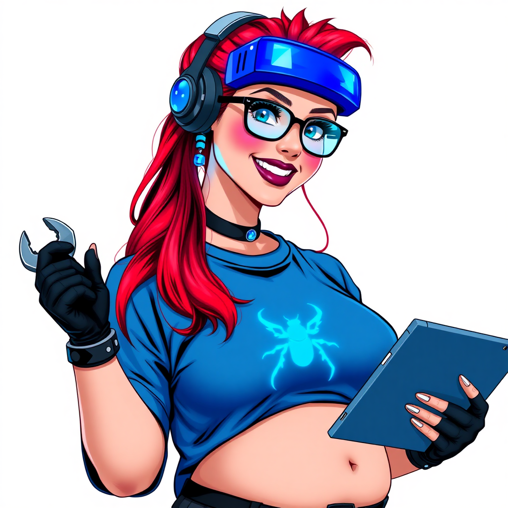 An intelligent and tech-savvy 28-year-old computer hacker and tech genius. She has a long ruby red ponytail. She wears maximum blue lipstick, blue eyes, a sapphire beetle gemstone necklace, sapphire earrings, black eyeglasses, hi-tech power gloves, and an oversized maximum blue t-shirt featuring a neon blue glowing beetle chest icon. She has a full-figured physique with a prominent round gargantuan midsection, reflecting her well-cared-for lifestyle. She sports a sapphire headset with a hi-tech maximum turquoise lensed HUD, and a beaming smile accentuated by a passionate neon red blush. She serves as his tech expert from his hideout, holding a futuristic tool wrench and a futuristic digital tablet. The background is solid white. She is drawn as if she was in a retro 2D cyberpunk fighting game.