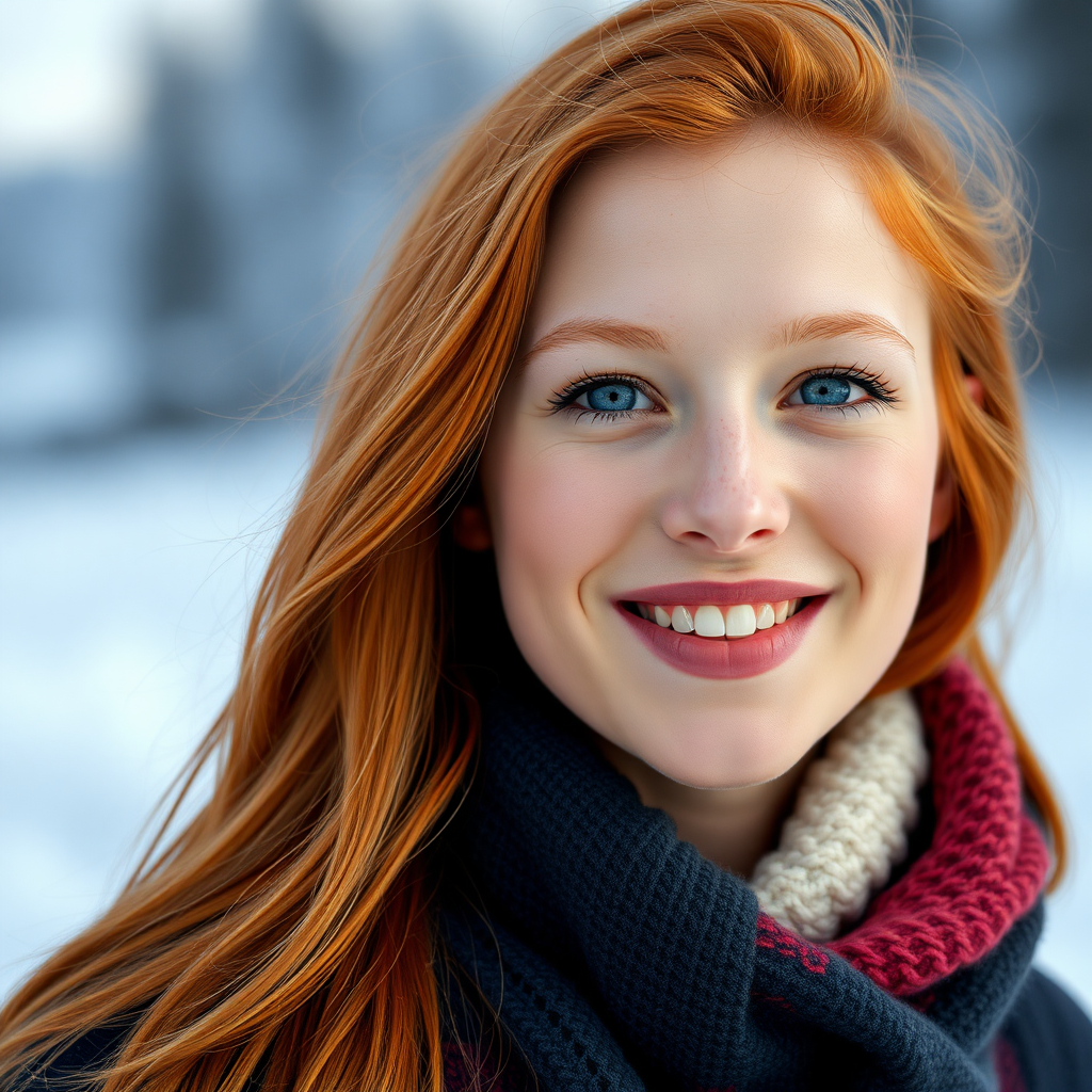 beautiful young woman with ginger long hair, full lips, pale skin, on Alaska, smiling