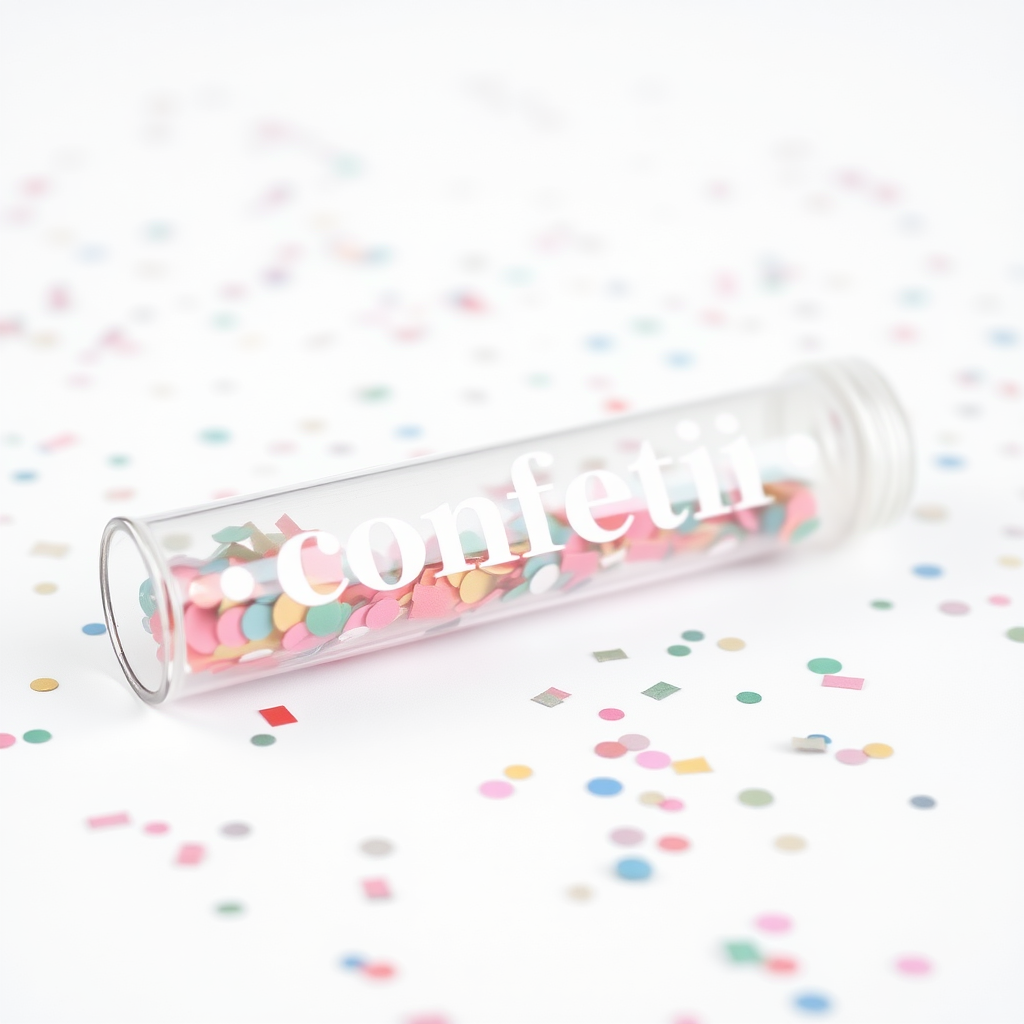 A photo of a glass fat transparent plain uniform confetti popper tube with confetti inside and with text "confetti" on it, lying flat at an angle, with confetti around it, white background, distant confetti blurred, white bold text with a black border, reflections on the tube glass, tube closed from both ends