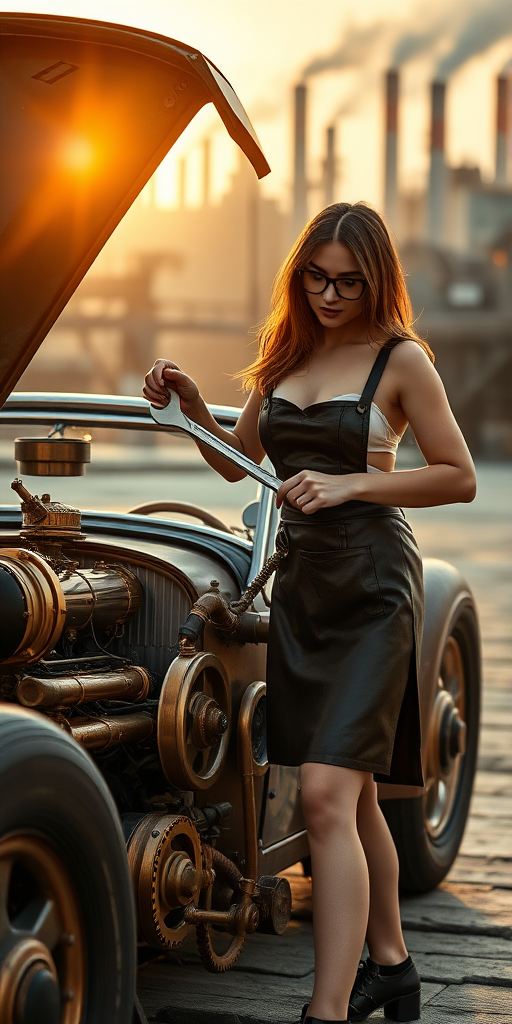 Highly detailed, hyper-realistic professional photograph of a late-model steampunk-style car with intricate brass gears and copper pipes; The hood of the car is open, revealing the mechanical engine inside. A woman in a see-transparent bikini and low-cut figure leans over, holds a wrench, wears a leather apron and glasses and inspects the engine. The scene takes place during the golden hour, when warm sunlight reflects off the brass components and creates soft highlights on the woman. The background is a blurry industrial steampunk cityscape where gears, chimneys, and slowly rising smoke create a sense of depth and atmosphere. Shot from a low-angle perspective with a 35mm lens, the shallow depth of field keeps the car and woman in sharp focus, while the background fades into softness. Every detail of the scene, from the scratches on the metal to the texture of the woman's clothing, is rendered in stunning detail, enhancing the steampunk aesthetic. Photorealistic, 24k resolution, unreal engine quality.