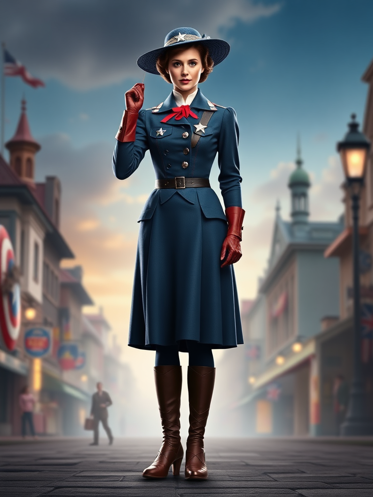 Create a full-length rendered image of Mary Poppins, using Steve Rogers' male figure for the body. Retain Mary Poppins' head, hairstyle, and facial features. Incorporate her iconic costume while adding embellishments inspired by Captain America's uniform. Adjust the costume to fit Steve Rogers' proportions. Design a background that harmoniously combines elements from both characters, emphasizing their unique worlds and styles. Ensure the image captures the whimsical charm of Mary Poppins alongside the heroic essence of Steve Rogers, merging their characteristics into a cohesive and striking new portrayal.