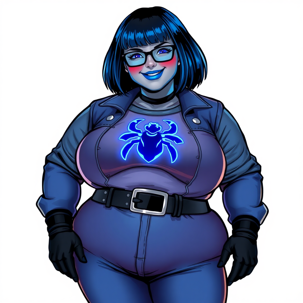 A 28-year-old, full-figured, middle gray metallic-skinned computer program-human hybrid with a maximum blue bob cut. She has a non-athletic build, highlighted by a prominent, round, large midsection. As a digital sidekick, computer hacker, and nerdy girlfriend to her cyberpunk vigilante boyfriend, her middle gray metallic skin and maximum blue lipstick emphasize her digital nature. She wears a costume consisting of a maximum blue leather shirt (that accentuates her figure) with a neon blue beetle chest icon, a black belt with a sapphire scarab buckle, maximum blue pants, and black gloves. Her bright blue eyes, black eyeglasses, and lovestruck smile with neon red blush accentuate her nerdiness. She stands bashfully with her hands behind her back, her costume covering all her skin. Her pudgy and full-figured physique is fully emphasized and clearly not that of an athletic person. She is on a solid white background. She is drawn as if she was in a retro 2D cyberpunk fighting game.