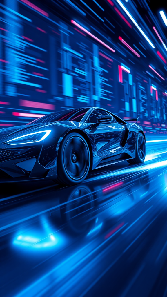 Please render the electric car racing in cyberspace in a realistic 3D manner. Make the background cyber-like and express it with a sense of speed with the "electric sparks". Make the overall color dark blue and draw it with a neon sign feel.