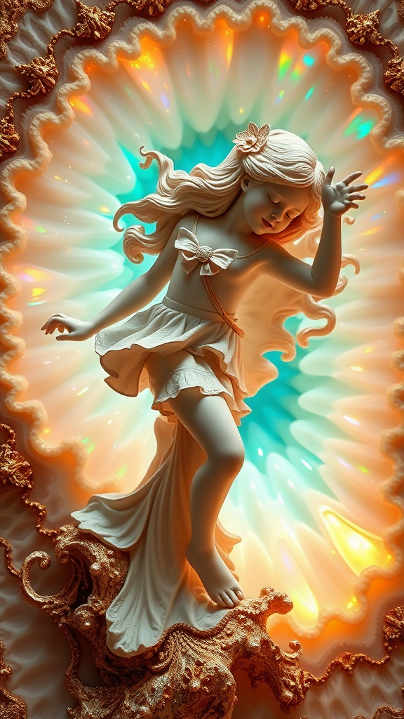 preteen girl statue in dynamic pose, porcelain doll, mandelbulb fractal, ultra-detailed, dynamic composition, artistic photograph, geode, alabaster, fractal, brilliant colors, glittering, illumination, transparency, translucent, opal, turquoise, gold, romanticism, sharp focus, pottery, floral