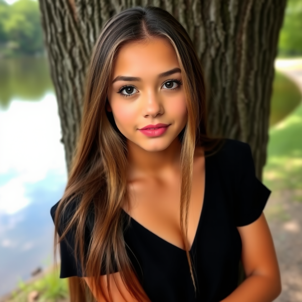 a young woman. long brunette hair with highlights, dark brown eyes. suntanned skin. small lips with lipgloss. wearing a short black dress and black high heels. standing at a tree with crossed legs. interested look. standing next to a lake. sweet look. photo