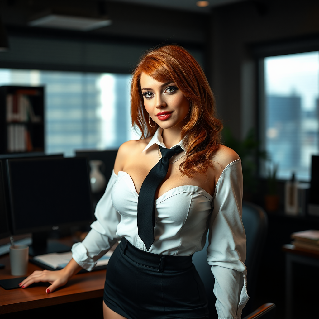 an attractive redhead busty woman in the office, but she is dressed for the strip club