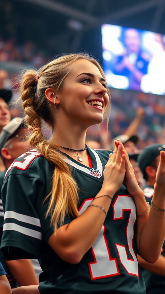 Extremely hot female NFL fan, pigtail hair, jersey, cheering, inside the crowd