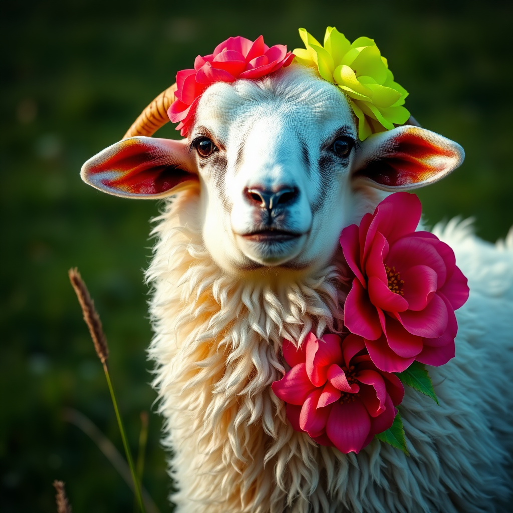 a shot photo of a sheep with pop red and neon lime green colours sequins work have large floral design with sequins work, creating a dreamy atmosphere, . Taken with a Canon E05 R camera with 50 mm f/1.8 lens and f/2.2 aperture. grassland backdrop, photography, photorealistic, hyperdetailed,