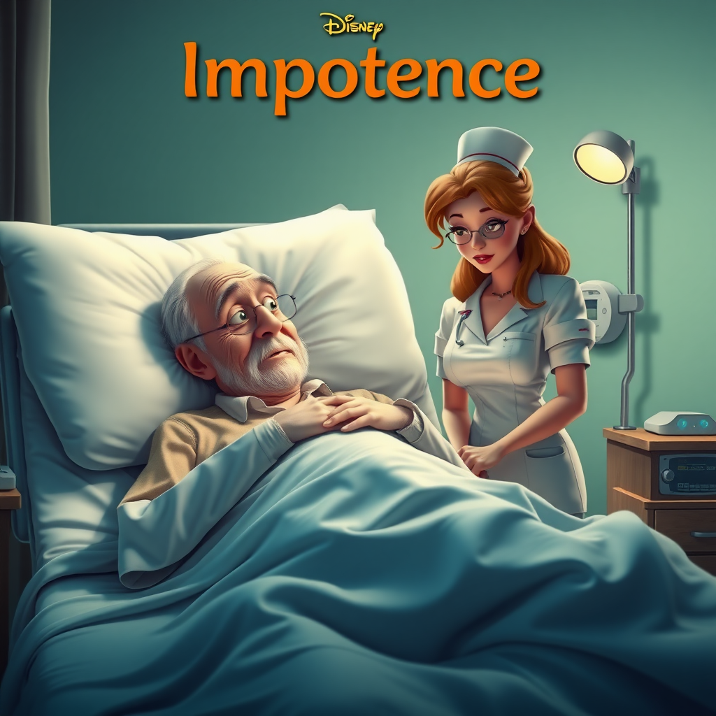 High quality, detailed, Disney 3d style film poster of an old man on a hospital bed with a huge erection under the blanket and a young skinny attractive nurse "impotence"