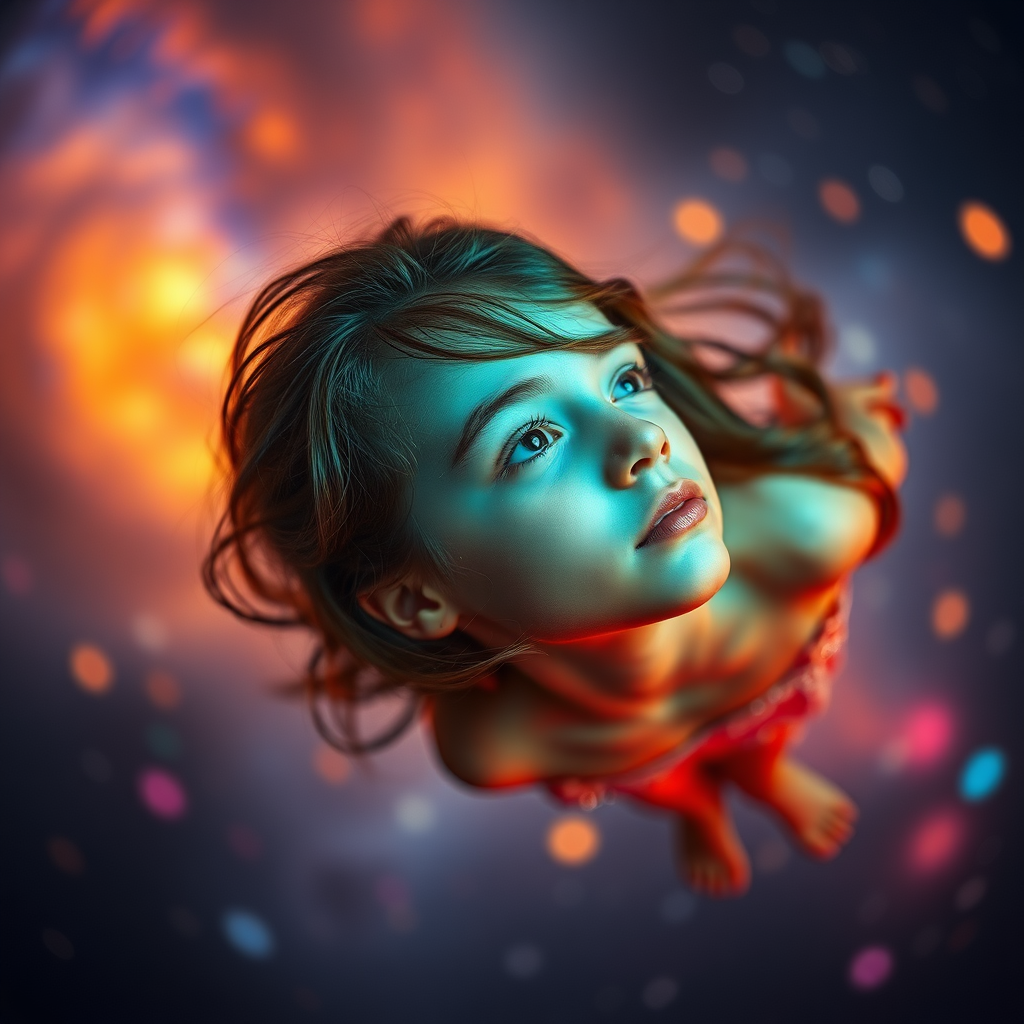 preteen girl floating in space, dreaming, Low Key Lighting, dreamscape, nebula, Bokeh, abstract, brilliant colors, glittering, translucent, iridescent, natural skin, glowing, artistic photo, panoramic, awe, airy, original, experimental, interdimensional