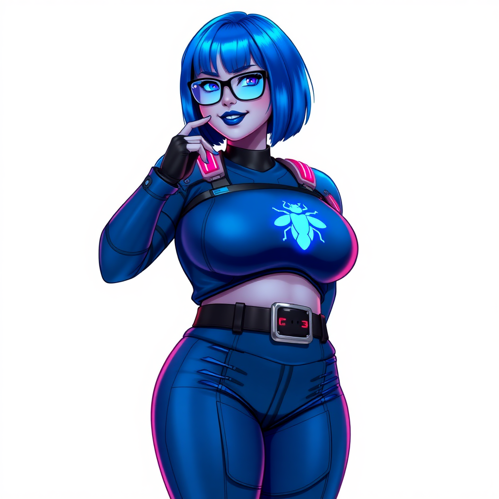 A 28-year-old, full-figured, metallic maximum blue (5PB 5/10) skinned computer program hybrid with a maximum blue bob cut. She has a non-athletic build, highlighted by a prominent, round, large midsection (with heavy emphasis on her round large belly), which shows the effects of her love of junk food acquired from her boyfriend. As the full-figured, nerdy, digital sidekick to her cyberpunk vigilante boyfriend, her metallic maximum blue skin and maximum blue lipstick (5PB 5/12) emphasize her digital nature. Her skin has a subtle, animated glow, with digital patterns occasionally flickering across it, making her digital nature obvious. She wears a digital, computerized costume, consisting of a massive, tight-fitting, maximum blue biker shirt (5PB 5/12) made out of advanced nanotech with a neon blue glowing chest icon of a beetle, hi-tech shoulder pads with neon blue accents, a black hi-tech belt with a digital neon blue glowing buckle, digital maximum blue biker pants (5PB 5/12) with neon blue accents, and black hi-tech fingerless biker gloves with neon blue glowing accents. Her neon blue glowing eyes, black eyeglasses with neon blue glowing lenses equipped with a built-in HUD, and bashful smile with neon red blush accentuate her nerdiness. She stands bashfully with one hand behind her back and the other hand gently touching her cheek, her costume covering all her skin and emphasizing her full figure (especially her round large belly). She is clearly non-athletic, with a focus on her full-figured physique. Despite her build, she radiates beauty. She has a slim face compared to her physique, accentuating her radiant beauty. She is on a solid white background. She is drawn as if she were in a retro 2D cyberpunk fighting game.