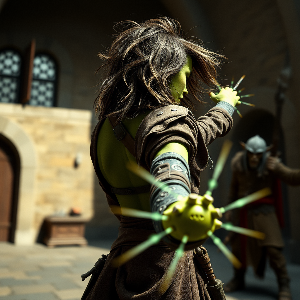 A full body shot from behind of a pretty twenty-something female orc wizard with a face resembling (ana de armas). green skin. casting a powerful magic spell at a goblin warrior. messy shoulder length hair tussled by wind. inside a courtyard. Hyper-realistic, Photorealistic digital matte painting, soft focus, film grain, lens flare. gritty, dirty, scuffed.