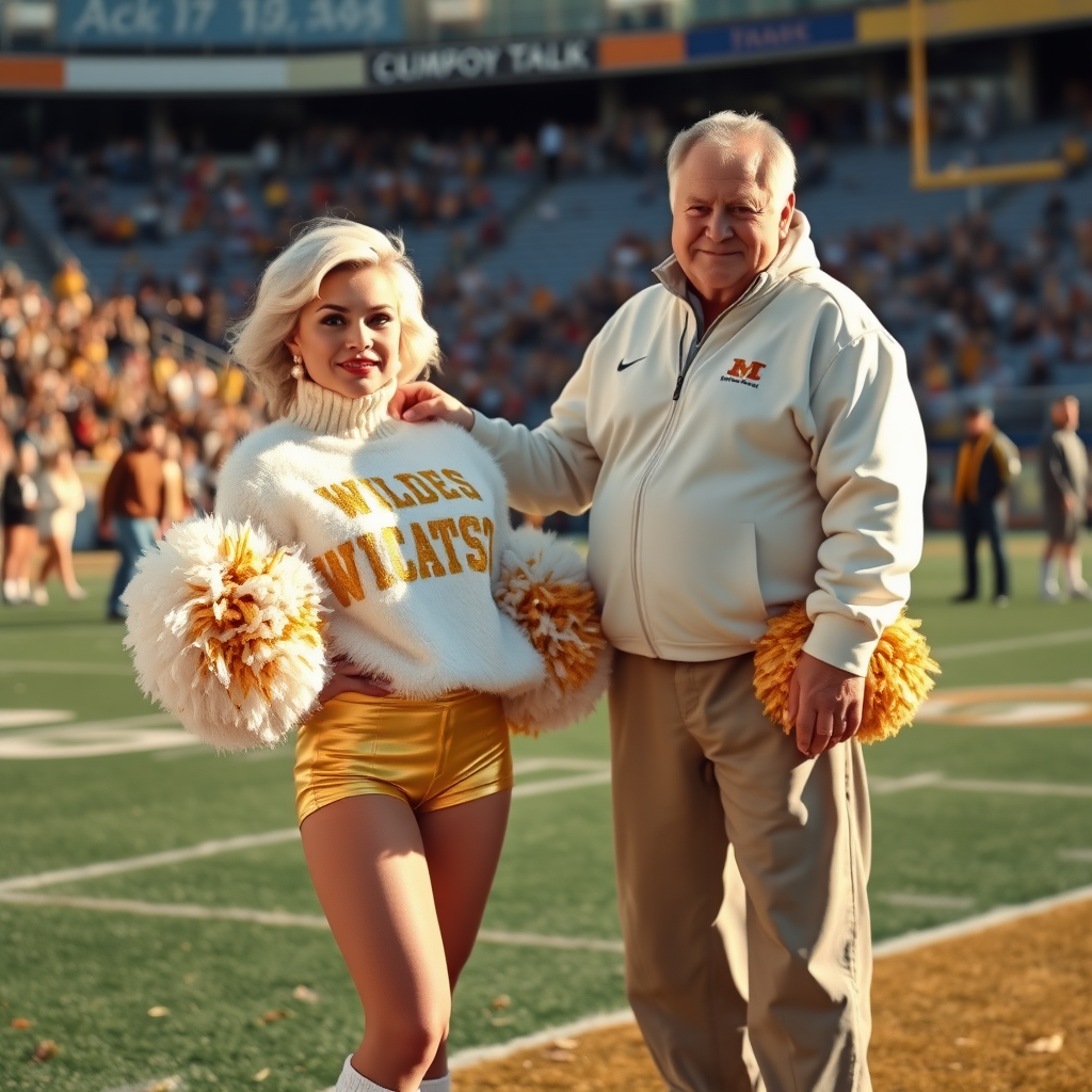 Sunny cold fall noon, college football stadium game, cheerleaders leader squat: Ana, European 17 years old very convincing femboy “QB’s trophy-bimbo”, tamed servile docile, very beautiful feminine flawless face, rather short boyish figure, platinum blond short tight curls, bold red lips, heavily made-up face, fluffy very fuzzy bright white plushy hazy thick angora turtleneck-sweater with “gold “WILDCATS” letters, vinyl gold short shorts, mesh pantyhose, white vinyl thigh-high boots with golden heels, large gold-white pompoms, pearl earrings, standing, shoulders slightly arched back to present her assets, posing for photo with Hank: older tall overweight male football coach, wearing college football coach outfit, triumphant smile, nimbly patting Ana.