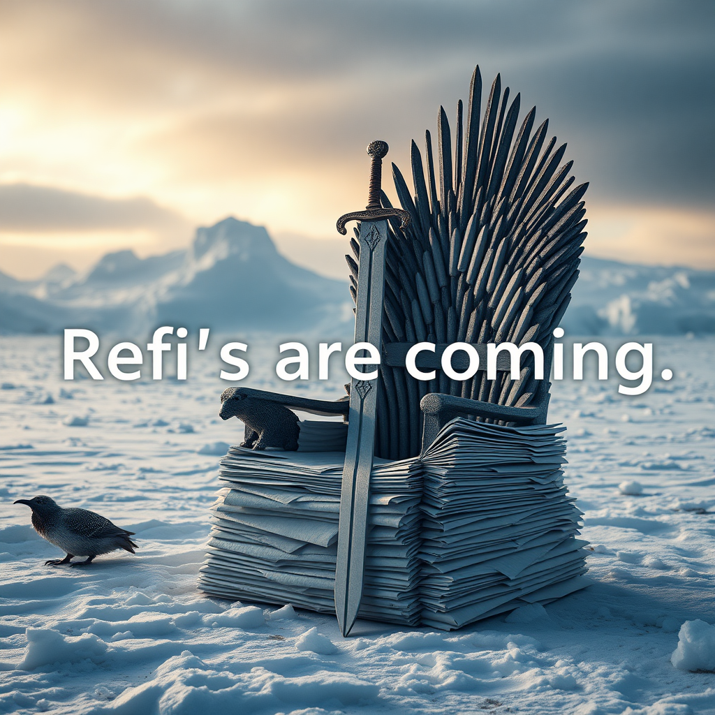 A movie scene in Antarctica depicting the game of thrones sword chair made out of stacks of paper. The text in the background says “Refi’s are coming.” Epic theme and high quality cinematic elements.