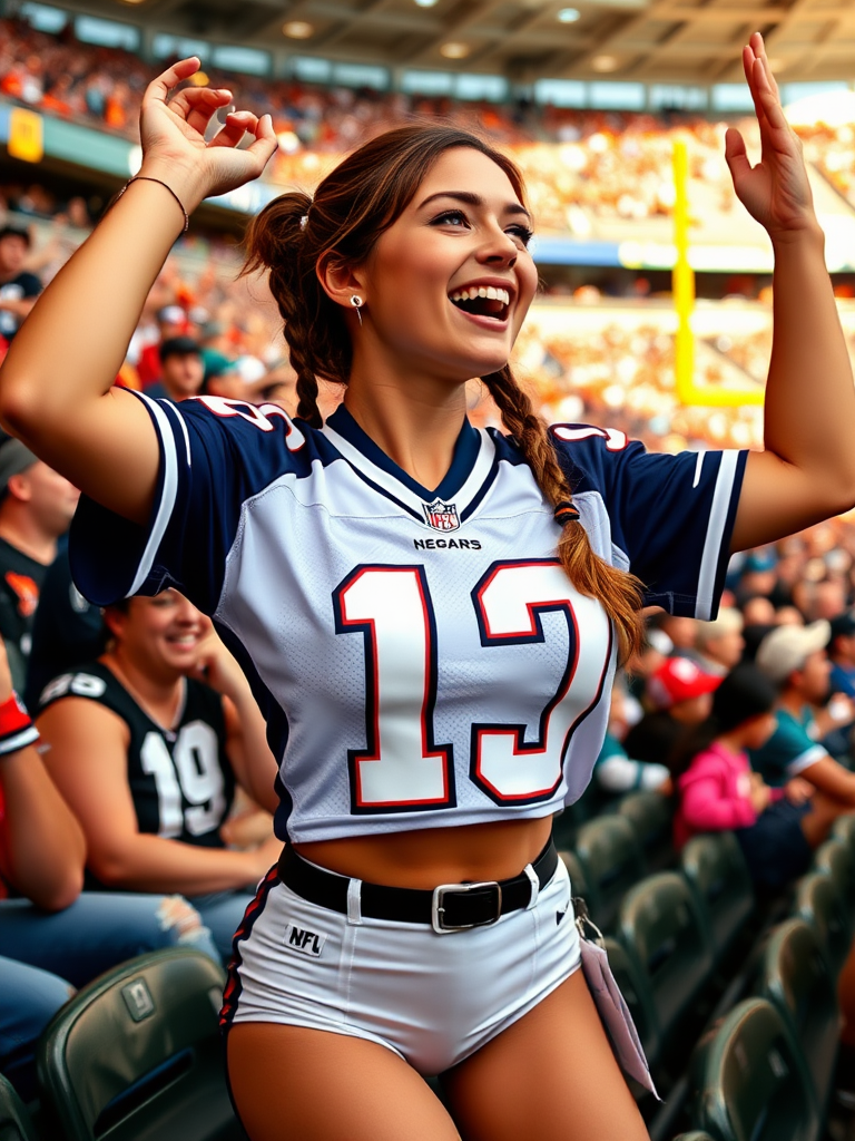 Very attractive female NFL fan, huge chest, jersey, cheering wildly, pigtail hair, crowded stadium bleacher row