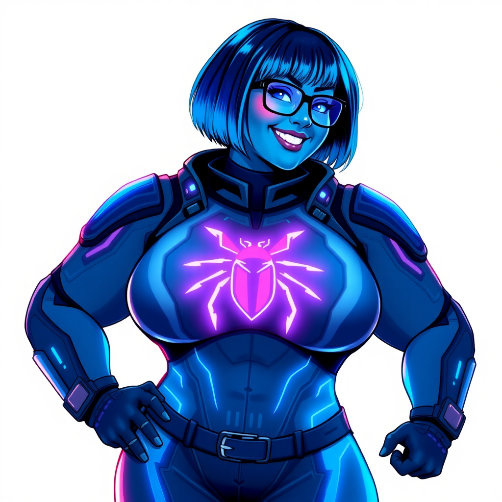 A 28-year-old full figured, computer science major, now transformed into a full figured, nerdy digital sidekick for her cyberpunk vigilante boyfriend, with maximum blue skin. Her bob cut seamlessly blends with her skin, appearing to merge together as computer data, and her neon blue eyes glow intensely. Her full figure is defined by a prominently round gargantuan midsection, sequoia-sized limbs, and broad shoulders. As a loyal and supportive sidekick, she plays a crucial role in their missions, using her digital skills to assist and protect.

She wears a digital, computerized maximum blue bodysuit which blends with her hair and skin (appearing to merge together like computer data), all are colored maximum blue. The bodysuit has a neon blue glowing chest icon of a beetle, along with matching high-tech gloves. She bashfully giggles with a neon red blush, emitting neon blue data cubes from her body, set against a solid white background. Heavily pampered by her doting boyfriend, her full figure (especially her prominently round gargantuan midsection) clearly shows this care. She has the ability to hack into computers and machines, and her nerdiness is blatantly obvious with her black oversized eyeglasses. Her full figure (especially her prominently round gargantuan midsection) is prominently displayed and heavily emphasized. Her outfit is influenced by DC’s Jennifer Knight Phantom Lady but remains distinct. She is drawn as if she was in a retro 2D cyberpunk fighting game. Ensure she is distinct from Inside Out's Sadness, The Power of Surge's Debra and any other character. Ensure her midsection is round and her proportions are bloated to emphasize her figure.