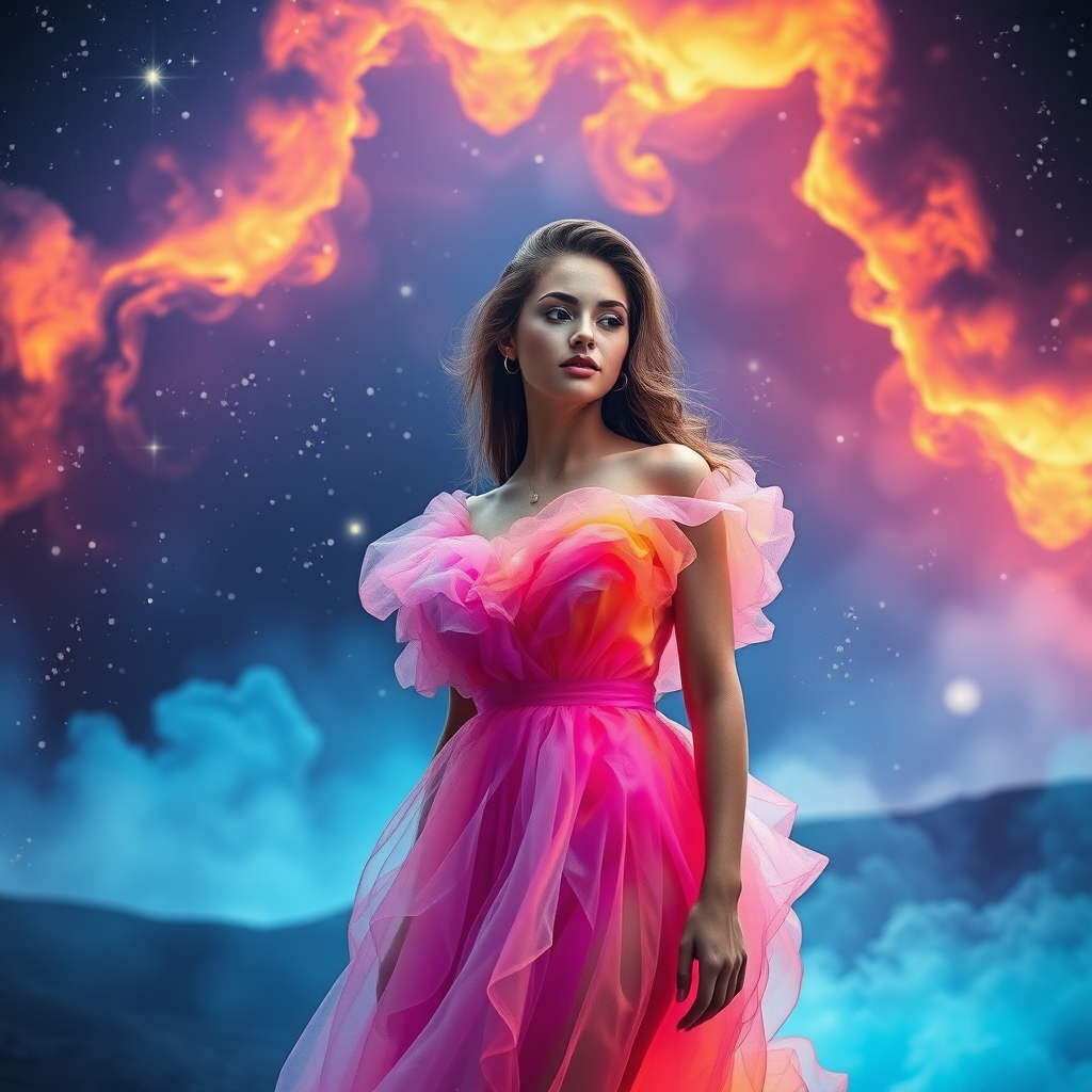 a beautiful girl dressed in a colorful smoke dress in a galactic landscape