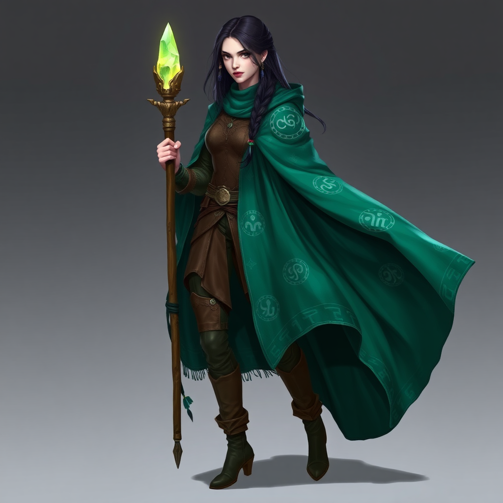 Name: Elara Windwhisper  
Gender: Female  
Age: 28  
Clothes: Elara wears a flowing emerald green cloak adorned with silver runes that shimmer in the light. Underneath, she has a fitted leather tunic and trousers, perfect for agility and stealth. Her long, dark hair is braided with small feathers and beads, and she carries a slender wooden staff topped with a glowing crystal, symbolizing her connection to nature and magic.