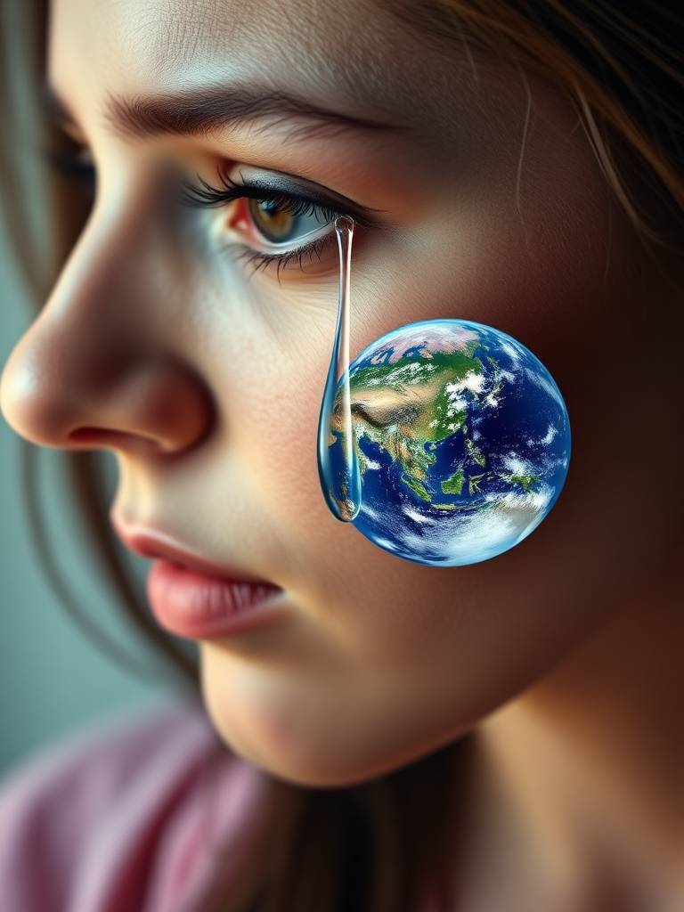 Create the following prom: A large single tear runs down a woman's cheek. In the drop you can see the earth with the continent of Europe. The tear comes strictly from the corner of her left eye. The woman looks sad.